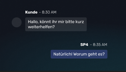 Illustration, die zeigt, wie Kunden und Space Four miteinander zu einem Problem chatten.